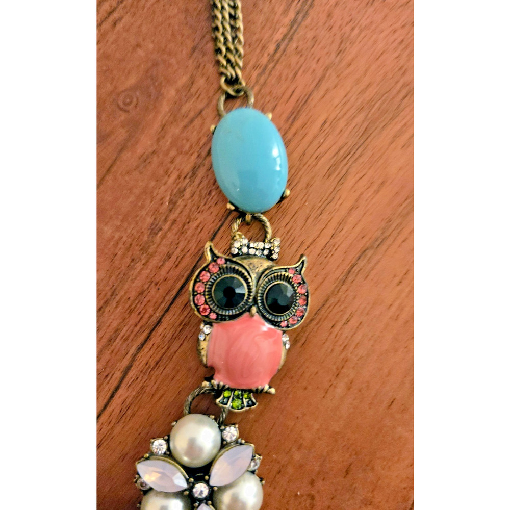 Vintage Betsey Johnson owl necklace with pearls crystals rose Bronze signed - Picture 4 of 13